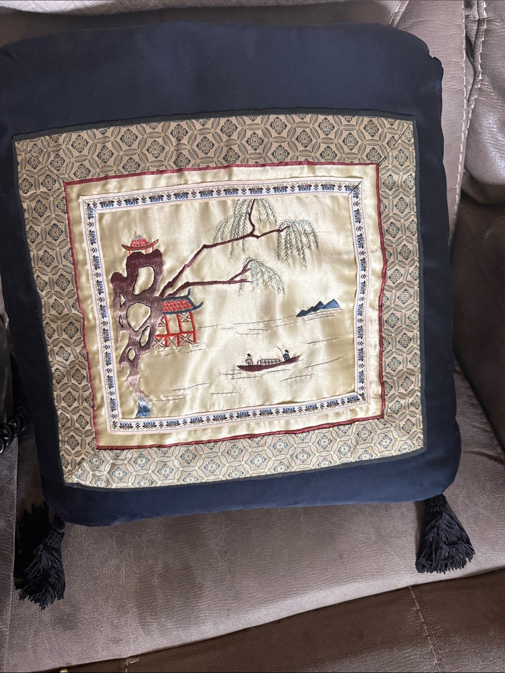 Embroidered Scenic Accent Pillow in Navy and Gold - Unknown Brand